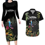 Personalised Australia Cassowary Couples Matching Long Sleeve Bodycon Dress and Hawaiian Shirt Dinosaur Bird - Rainforest Vibes
