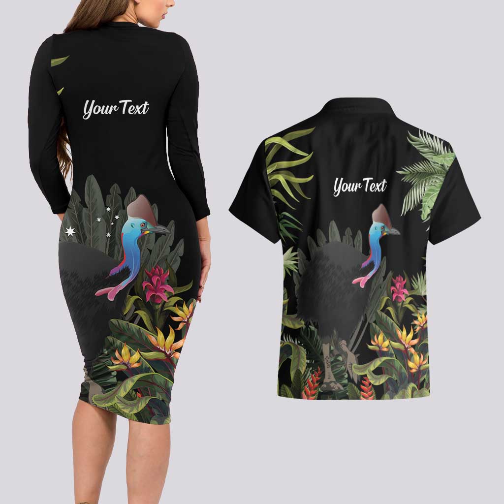 Personalised Australia Cassowary Couples Matching Long Sleeve Bodycon Dress and Hawaiian Shirt Dinosaur Bird - Rainforest Vibes