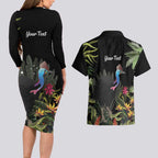 Personalised Australia Cassowary Couples Matching Long Sleeve Bodycon Dress and Hawaiian Shirt Dinosaur Bird - Rainforest Vibes