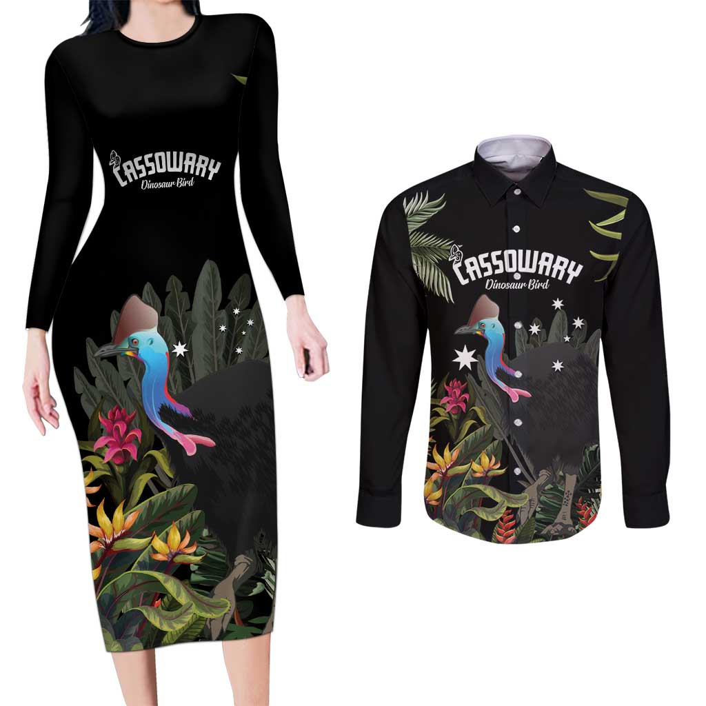 Personalised Australia Cassowary Couples Matching Long Sleeve Bodycon Dress and Long Sleeve Button Shirt Dinosaur Bird - Rainforest Vibes