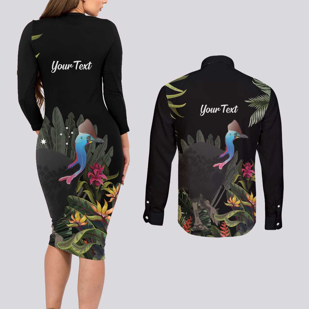 Personalised Australia Cassowary Couples Matching Long Sleeve Bodycon Dress and Long Sleeve Button Shirt Dinosaur Bird - Rainforest Vibes