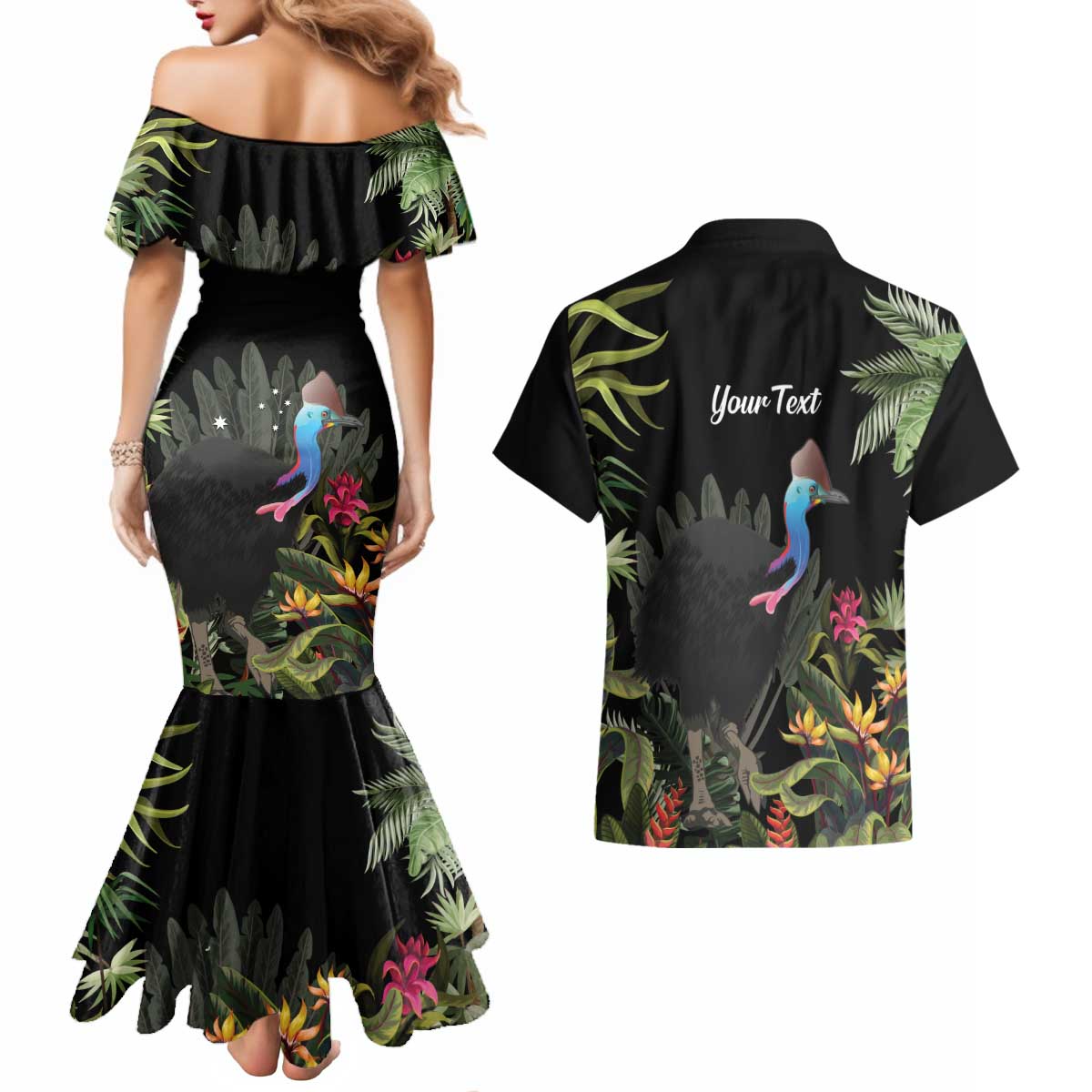 Personalised Australia Cassowary Couples Matching Mermaid Dress and Hawaiian Shirt Dinosaur Bird - Rainforest Vibes