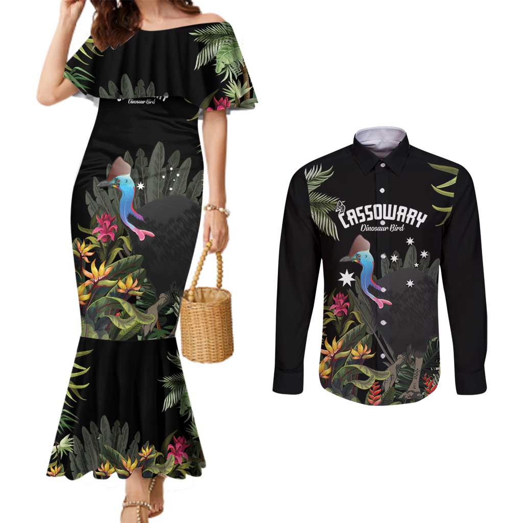 Personalised Australia Cassowary Couples Matching Mermaid Dress and Long Sleeve Button Shirt Dinosaur Bird - Rainforest Vibes