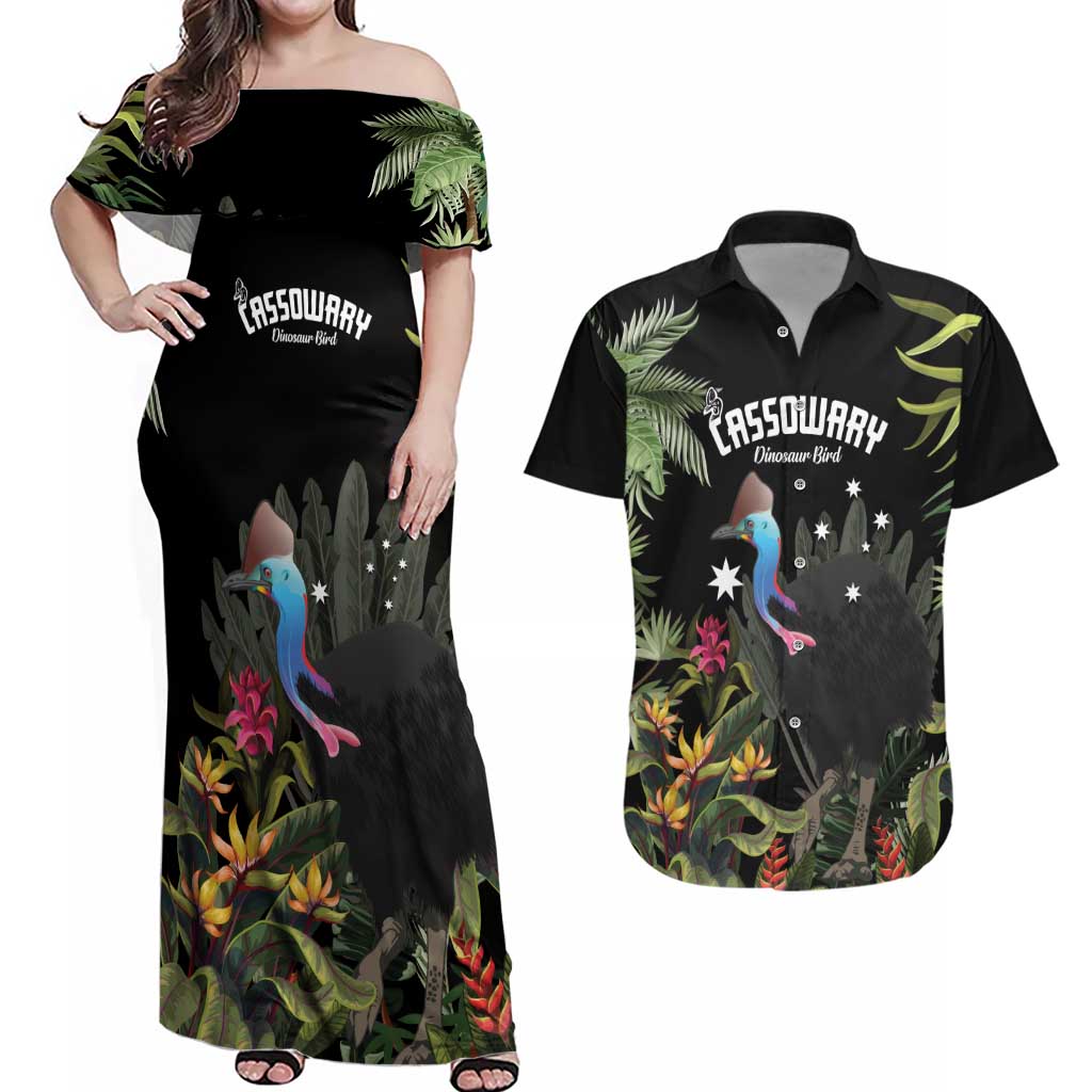 Personalised Australia Cassowary Couples Matching Off Shoulder Maxi Dress and Hawaiian Shirt Dinosaur Bird - Rainforest Vibes
