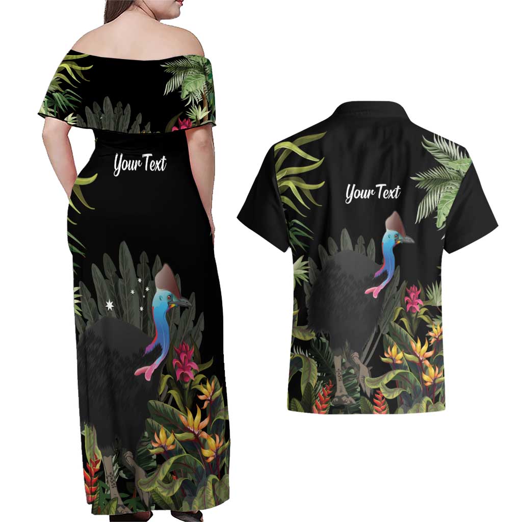 Personalised Australia Cassowary Couples Matching Off Shoulder Maxi Dress and Hawaiian Shirt Dinosaur Bird - Rainforest Vibes
