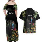 Personalised Australia Cassowary Couples Matching Off Shoulder Maxi Dress and Hawaiian Shirt Dinosaur Bird - Rainforest Vibes