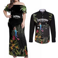 Personalised Australia Cassowary Couples Matching Off Shoulder Maxi Dress and Long Sleeve Button Shirt Dinosaur Bird - Rainforest Vibes