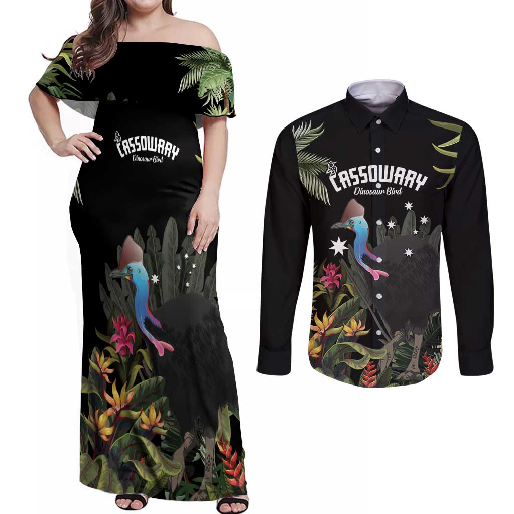 Personalised Australia Cassowary Couples Matching Off Shoulder Maxi Dress and Long Sleeve Button Shirt Dinosaur Bird - Rainforest Vibes