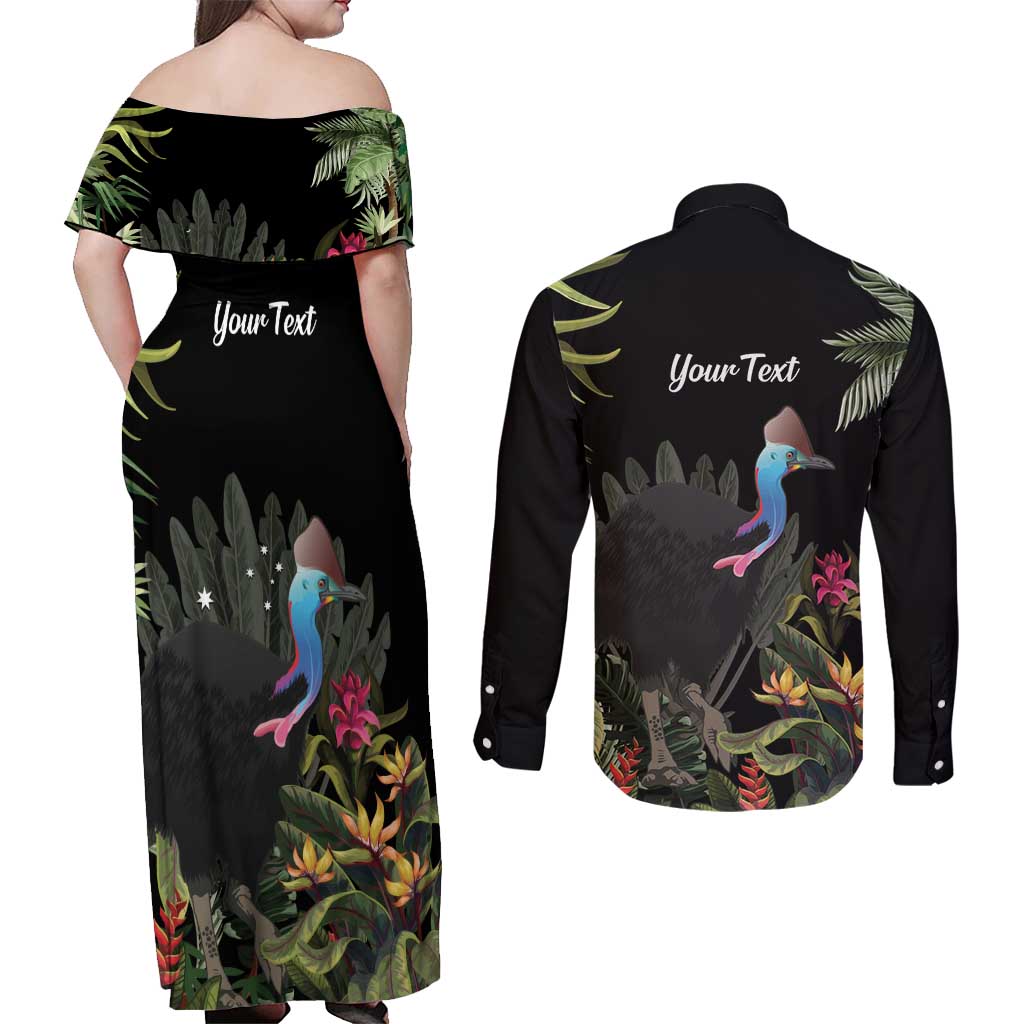 Personalised Australia Cassowary Couples Matching Off Shoulder Maxi Dress and Long Sleeve Button Shirt Dinosaur Bird - Rainforest Vibes
