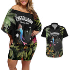 Personalised Australia Cassowary Couples Matching Off Shoulder Short Dress and Hawaiian Shirt Dinosaur Bird - Rainforest Vibes