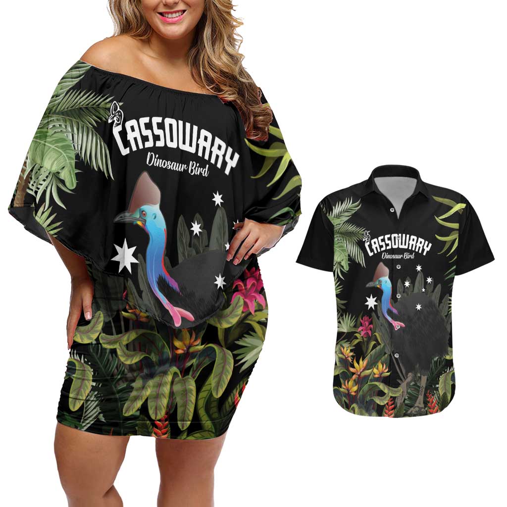 Personalised Australia Cassowary Couples Matching Off Shoulder Short Dress and Hawaiian Shirt Dinosaur Bird - Rainforest Vibes