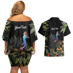 Personalised Australia Cassowary Couples Matching Off Shoulder Short Dress and Hawaiian Shirt Dinosaur Bird - Rainforest Vibes