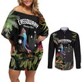 Personalised Australia Cassowary Couples Matching Off Shoulder Short Dress and Long Sleeve Button Shirt Dinosaur Bird - Rainforest Vibes