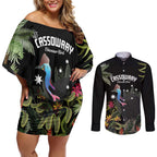 Personalised Australia Cassowary Couples Matching Off Shoulder Short Dress and Long Sleeve Button Shirt Dinosaur Bird - Rainforest Vibes