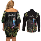 Personalised Australia Cassowary Couples Matching Off Shoulder Short Dress and Long Sleeve Button Shirt Dinosaur Bird - Rainforest Vibes
