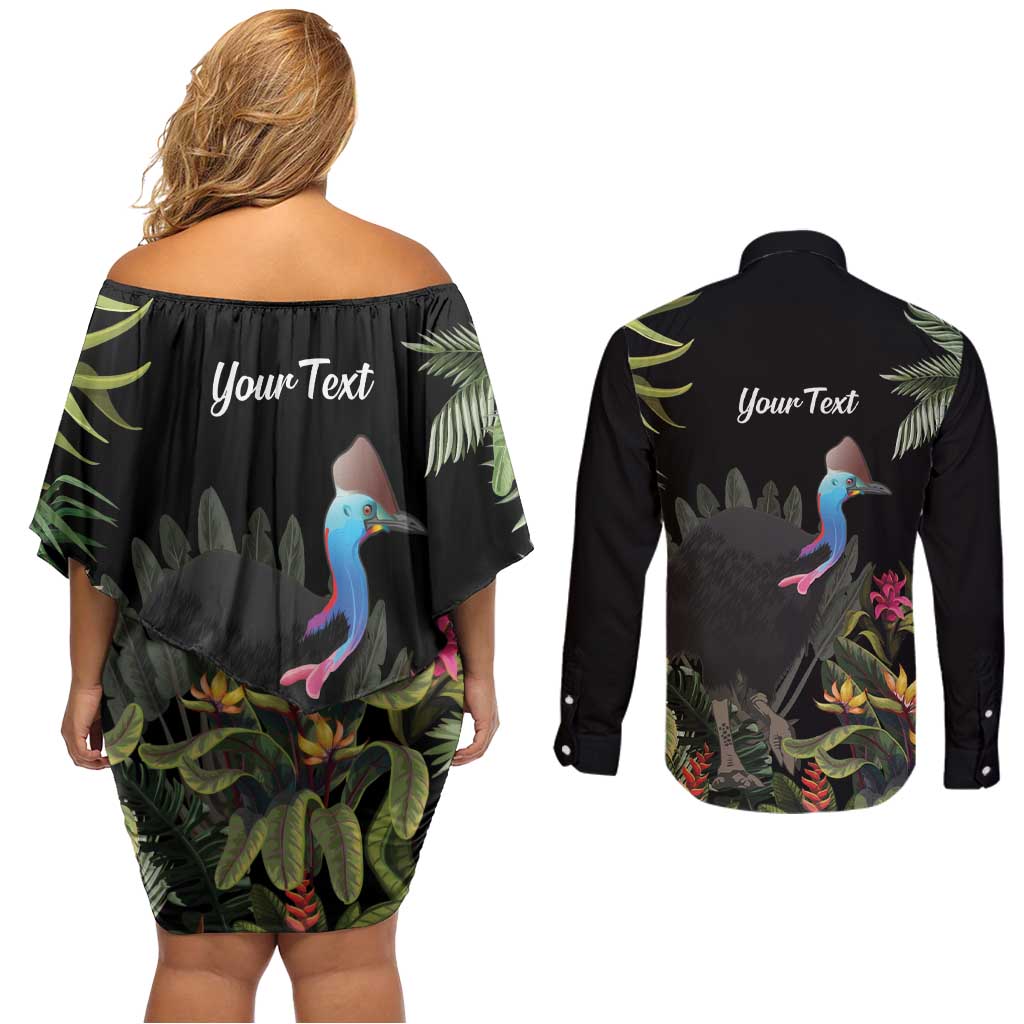 Personalised Australia Cassowary Couples Matching Off Shoulder Short Dress and Long Sleeve Button Shirt Dinosaur Bird - Rainforest Vibes