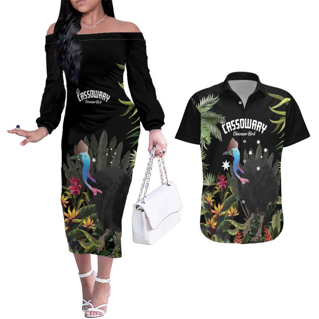 Personalised Australia Cassowary Couples Matching Off The Shoulder Long Sleeve Dress and Hawaiian Shirt Dinosaur Bird - Rainforest Vibes