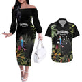 Personalised Australia Cassowary Couples Matching Off The Shoulder Long Sleeve Dress and Hawaiian Shirt Dinosaur Bird - Rainforest Vibes