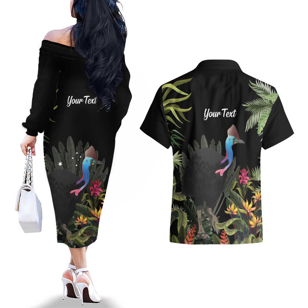 Personalised Australia Cassowary Couples Matching Off The Shoulder Long Sleeve Dress and Hawaiian Shirt Dinosaur Bird - Rainforest Vibes