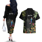 Personalised Australia Cassowary Couples Matching Off The Shoulder Long Sleeve Dress and Hawaiian Shirt Dinosaur Bird - Rainforest Vibes