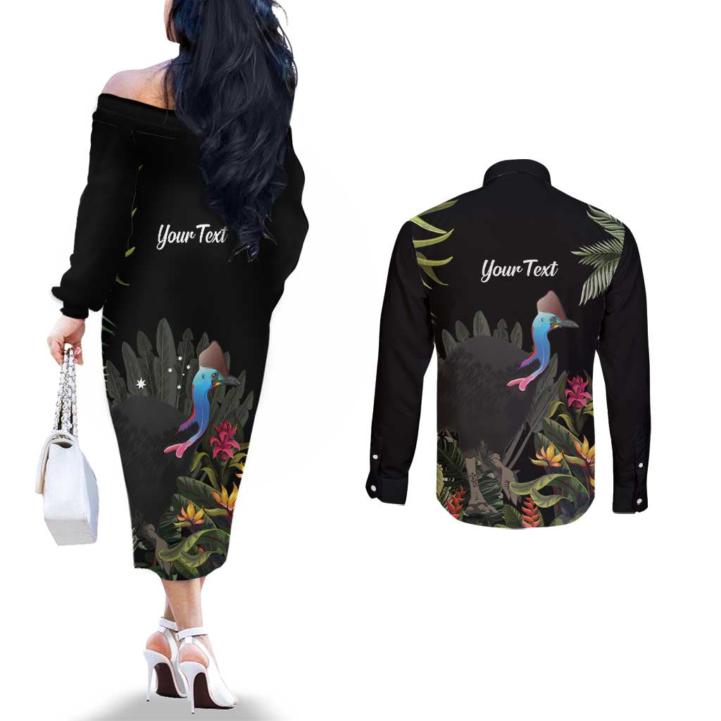 Personalised Australia Cassowary Couples Matching Off The Shoulder Long Sleeve Dress and Long Sleeve Button Shirt Dinosaur Bird - Rainforest Vibes