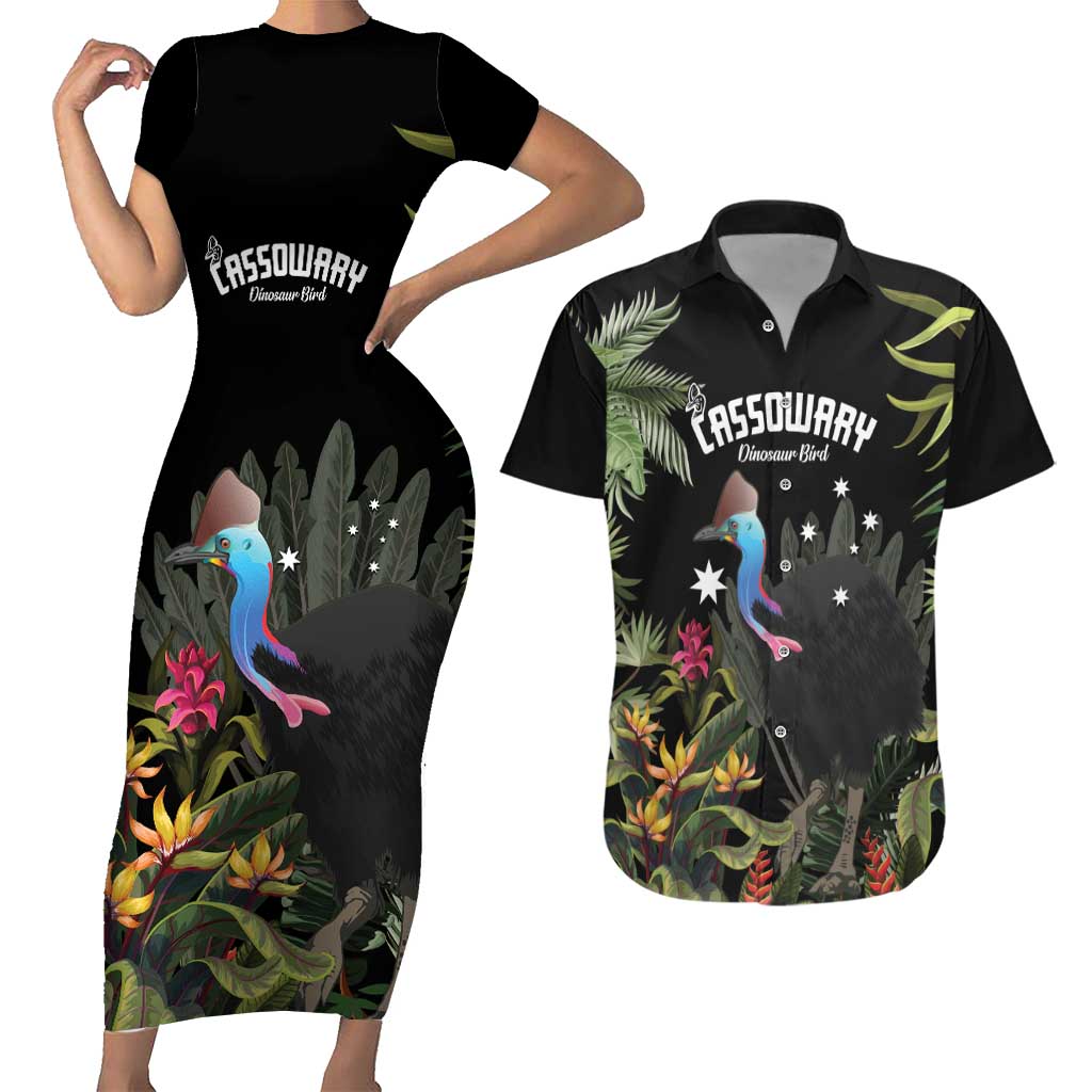 Personalised Australia Cassowary Couples Matching Short Sleeve Bodycon Dress and Hawaiian Shirt Dinosaur Bird - Rainforest Vibes