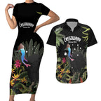 Personalised Australia Cassowary Couples Matching Short Sleeve Bodycon Dress and Hawaiian Shirt Dinosaur Bird - Rainforest Vibes