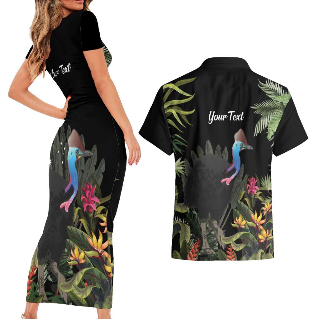 Personalised Australia Cassowary Couples Matching Short Sleeve Bodycon Dress and Hawaiian Shirt Dinosaur Bird - Rainforest Vibes