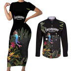 Personalised Australia Cassowary Couples Matching Short Sleeve Bodycon Dress and Long Sleeve Button Shirt Dinosaur Bird - Rainforest Vibes
