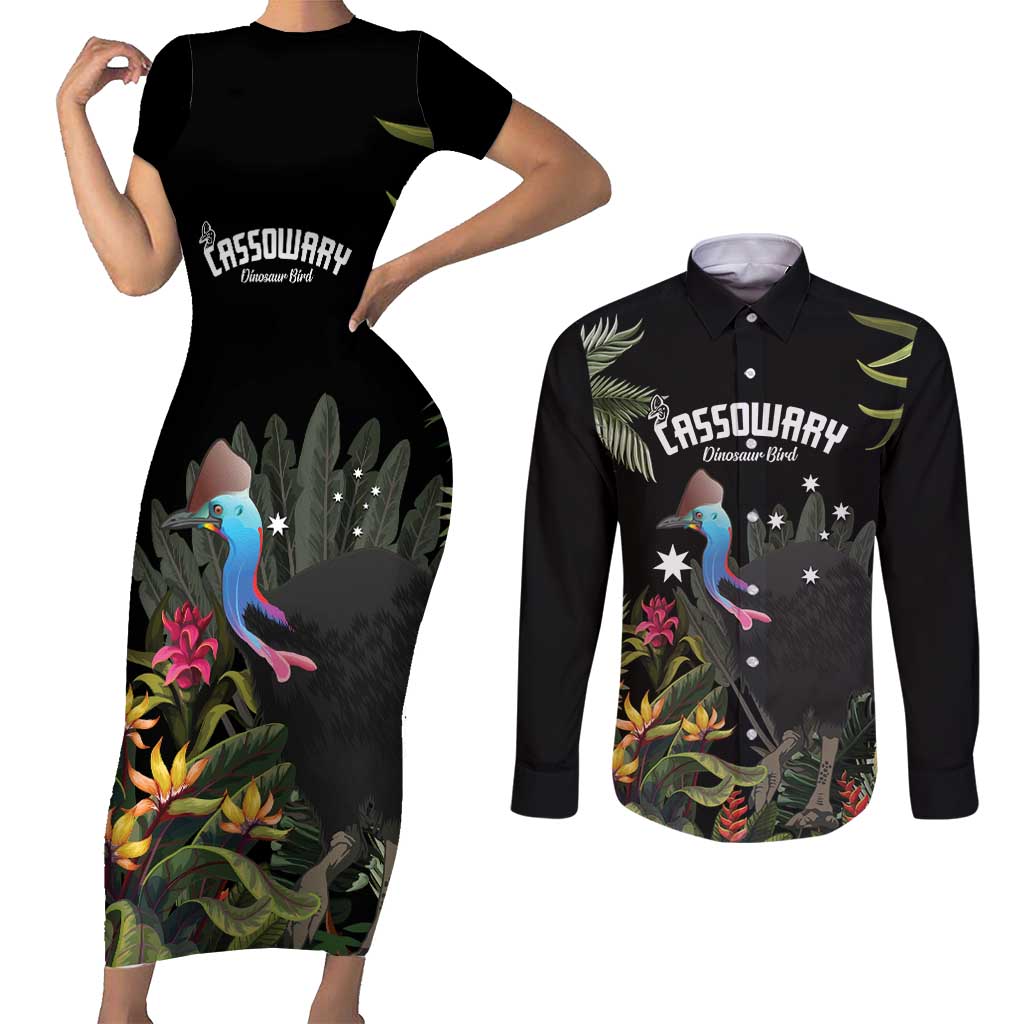 Personalised Australia Cassowary Couples Matching Short Sleeve Bodycon Dress and Long Sleeve Button Shirt Dinosaur Bird - Rainforest Vibes