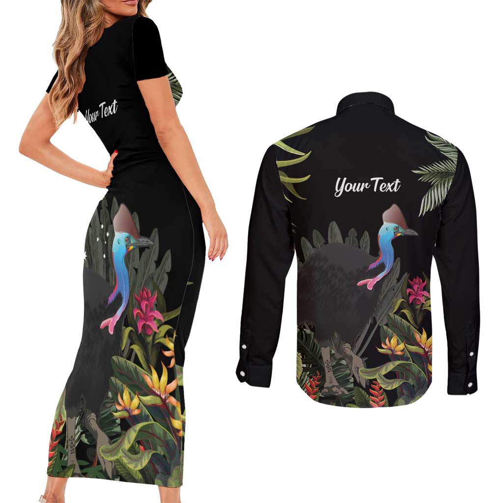Personalised Australia Cassowary Couples Matching Short Sleeve Bodycon Dress and Long Sleeve Button Shirt Dinosaur Bird - Rainforest Vibes