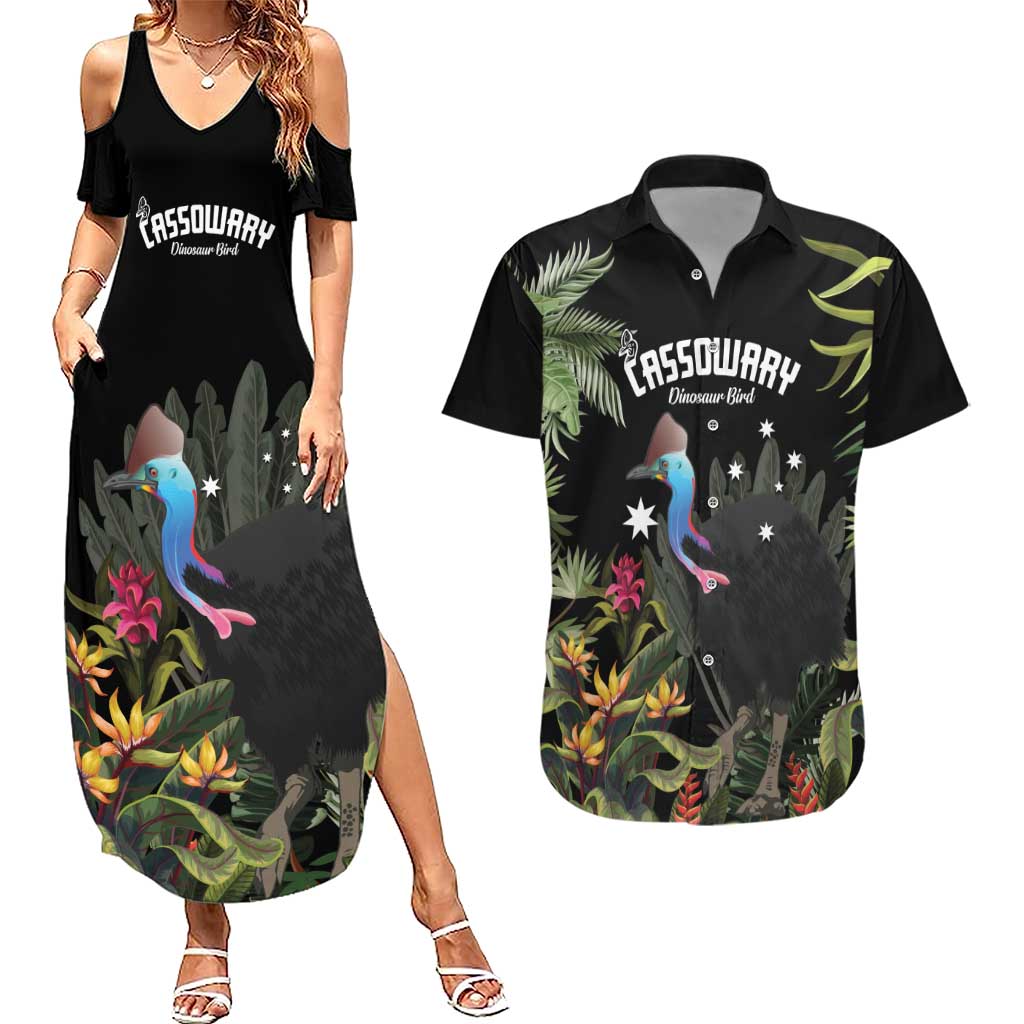 Personalised Australia Cassowary Couples Matching Summer Maxi Dress and Hawaiian Shirt Dinosaur Bird - Rainforest Vibes