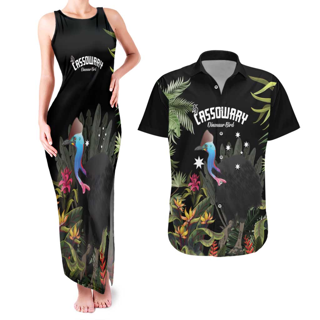 Personalised Australia Cassowary Couples Matching Tank Maxi Dress and Hawaiian Shirt Dinosaur Bird - Rainforest Vibes