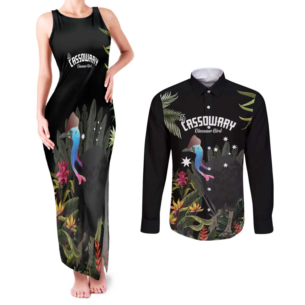 Personalised Australia Cassowary Couples Matching Tank Maxi Dress and Long Sleeve Button Shirt Dinosaur Bird - Rainforest Vibes