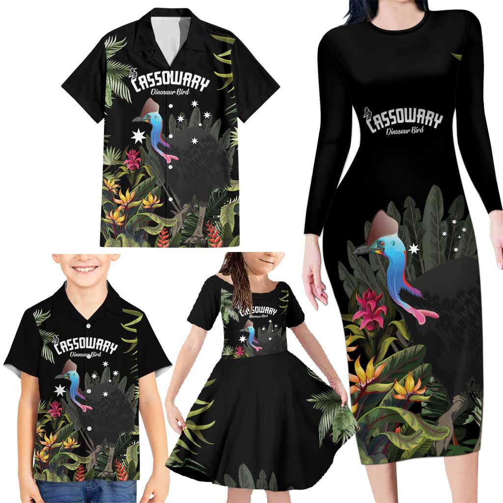 Personalised Australia Cassowary Family Matching Long Sleeve Bodycon Dress and Hawaiian Shirt Dinosaur Bird - Rainforest Vibes