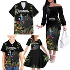 Personalised Australia Cassowary Family Matching Off The Shoulder Long Sleeve Dress and Hawaiian Shirt Dinosaur Bird - Rainforest Vibes