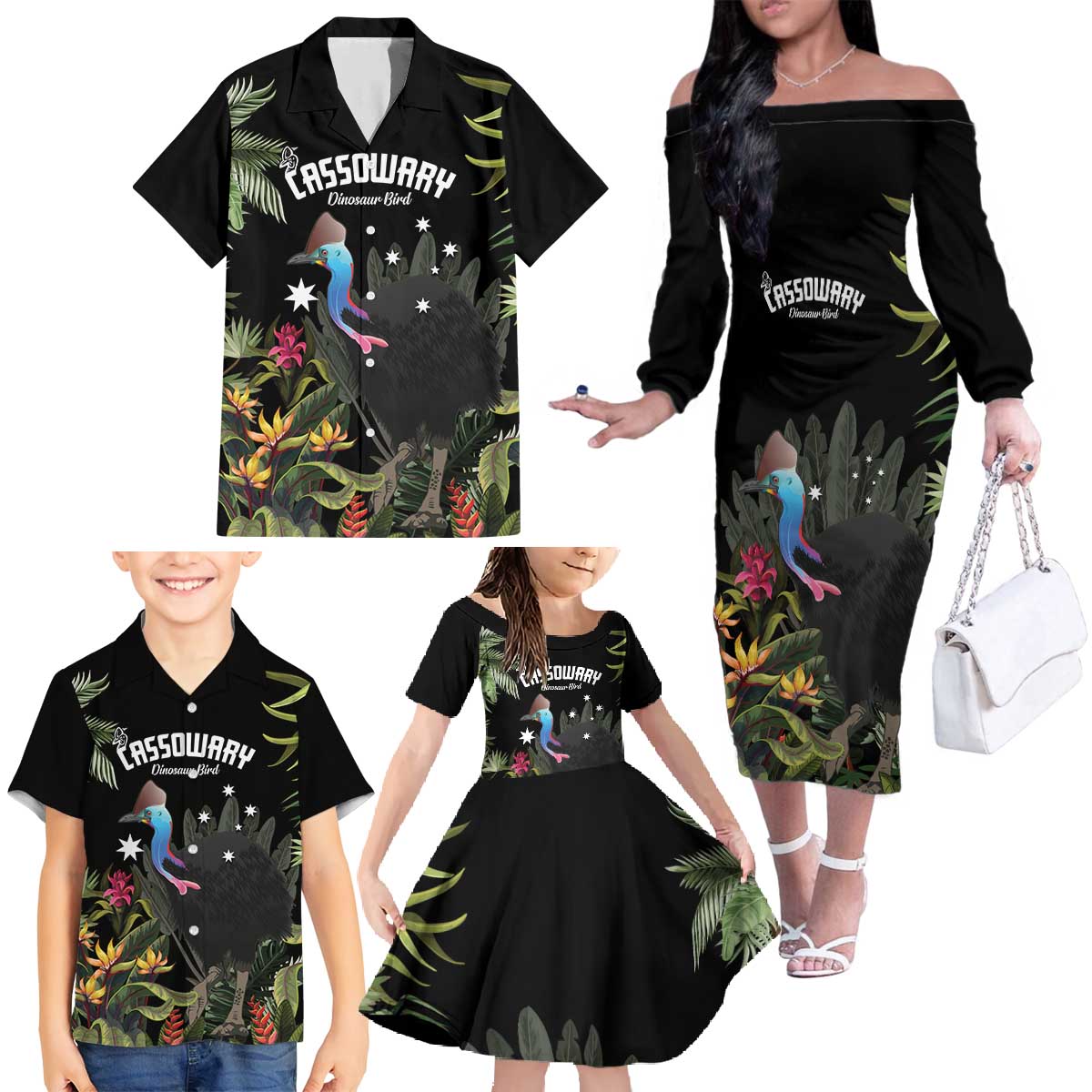 Personalised Australia Cassowary Family Matching Off The Shoulder Long Sleeve Dress and Hawaiian Shirt Dinosaur Bird - Rainforest Vibes