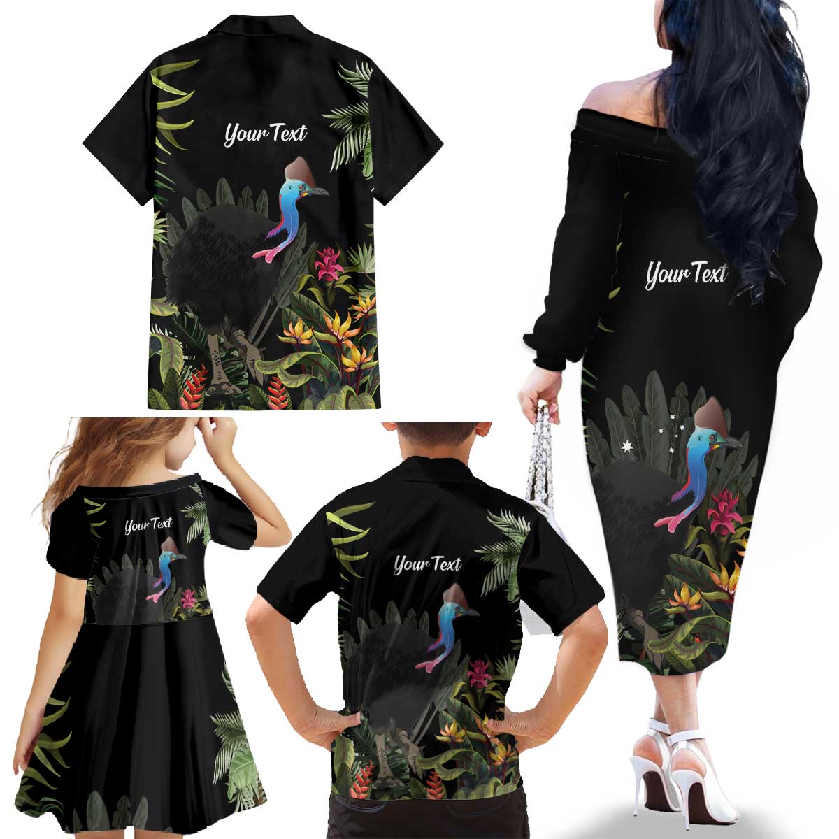 Personalised Australia Cassowary Family Matching Off The Shoulder Long Sleeve Dress and Hawaiian Shirt Dinosaur Bird - Rainforest Vibes