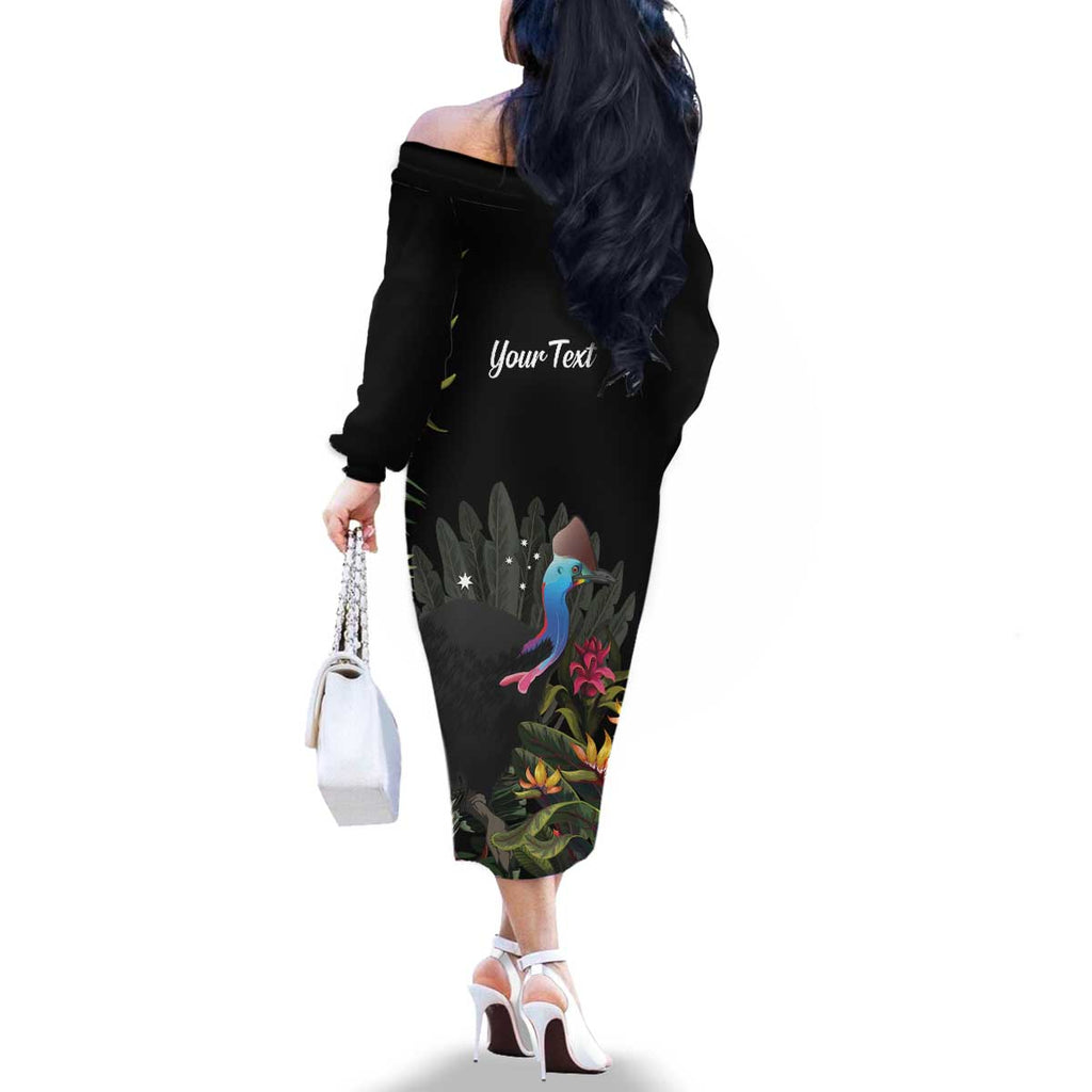 Personalised Australia Cassowary Family Matching Off The Shoulder Long Sleeve Dress and Hawaiian Shirt Dinosaur Bird - Rainforest Vibes