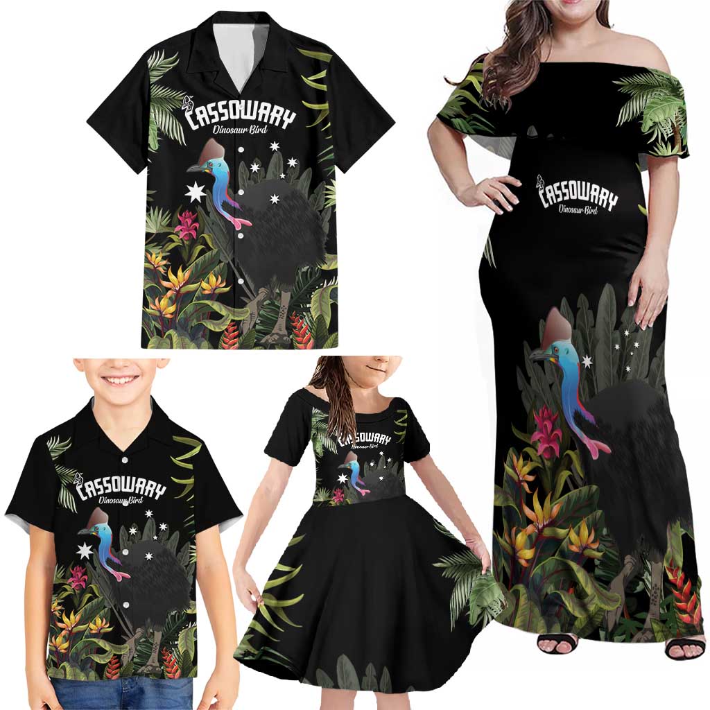 Personalised Australia Cassowary Family Matching Off Shoulder Maxi Dress and Hawaiian Shirt Dinosaur Bird - Rainforest Vibes