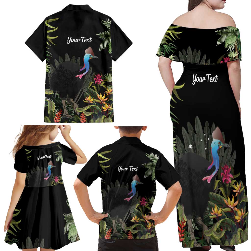 Personalised Australia Cassowary Family Matching Off Shoulder Maxi Dress and Hawaiian Shirt Dinosaur Bird - Rainforest Vibes