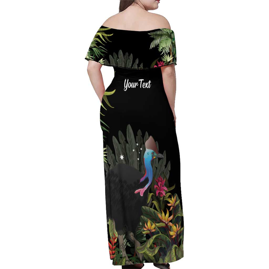 Personalised Australia Cassowary Family Matching Off Shoulder Maxi Dress and Hawaiian Shirt Dinosaur Bird - Rainforest Vibes