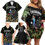 Personalised Australia Cassowary Family Matching Off Shoulder Short Dress and Hawaiian Shirt Dinosaur Bird - Rainforest Vibes