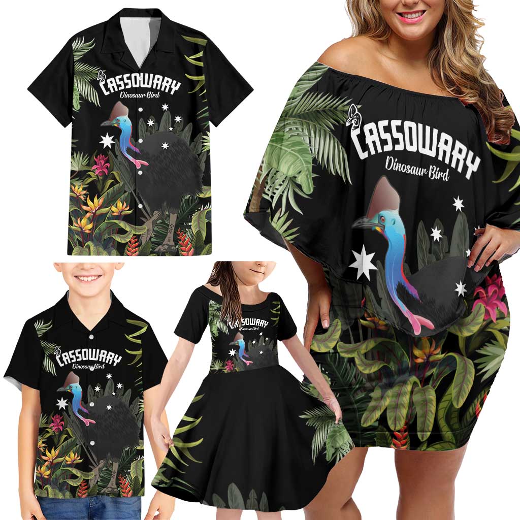 Personalised Australia Cassowary Family Matching Off Shoulder Short Dress and Hawaiian Shirt Dinosaur Bird - Rainforest Vibes