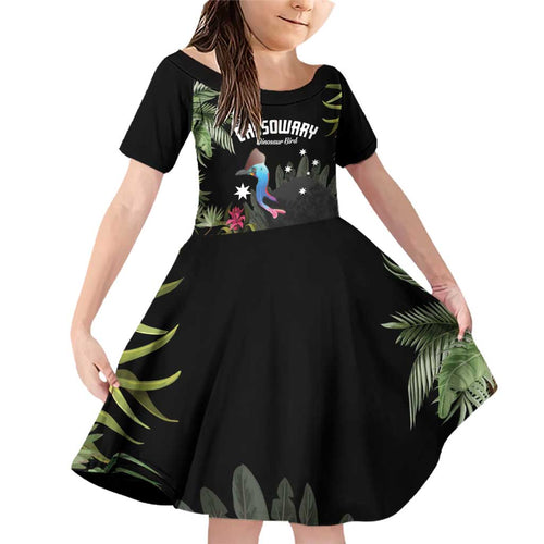 Personalised Australia Cassowary Family Matching Off Shoulder Short Dress and Hawaiian Shirt Dinosaur Bird - Rainforest Vibes