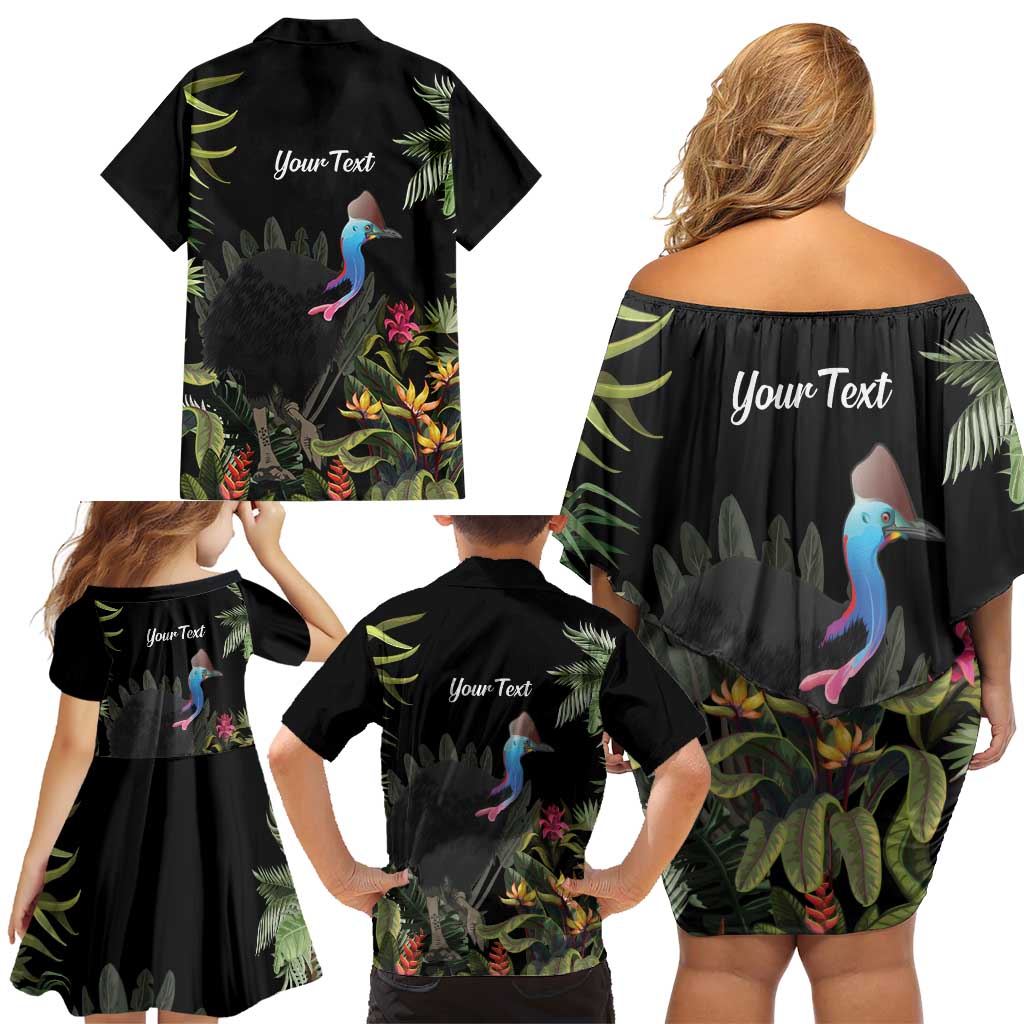 Personalised Australia Cassowary Family Matching Off Shoulder Short Dress and Hawaiian Shirt Dinosaur Bird - Rainforest Vibes