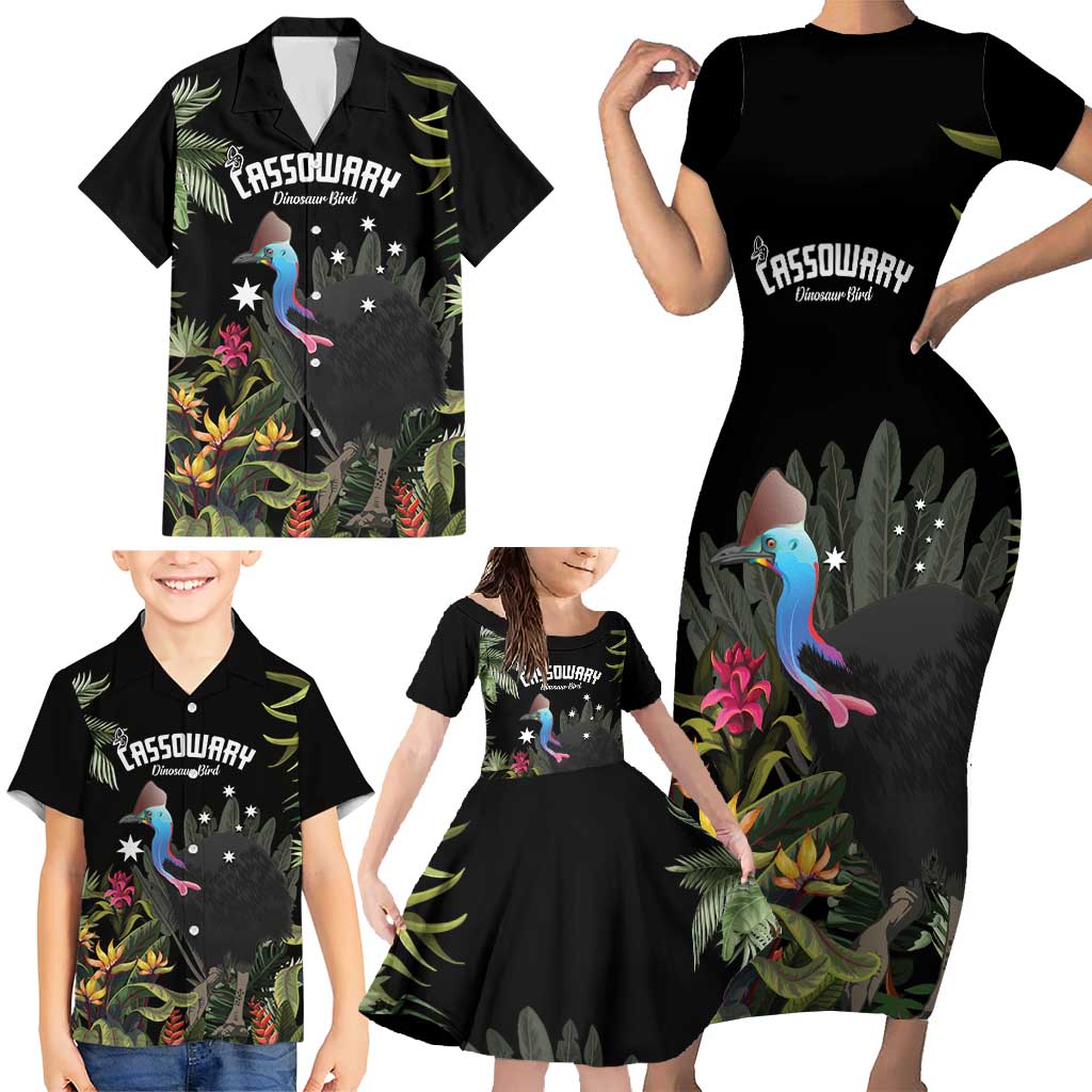 Personalised Australia Cassowary Family Matching Short Sleeve Bodycon Dress and Hawaiian Shirt Dinosaur Bird - Rainforest Vibes