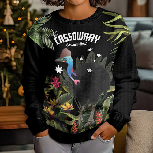 Personalised Australia Cassowary Kid Ugly Christmas Sweater Dinosaur Bird - Rainforest Vibes