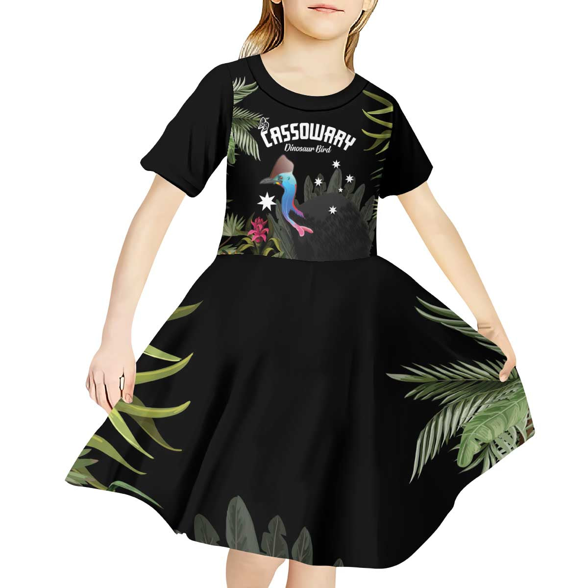 Personalised Australia Cassowary Kid Short Sleeve Dress Dinosaur Bird - Rainforest Vibes