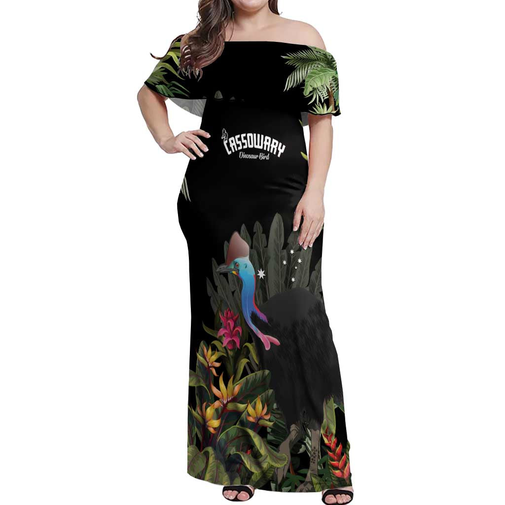 Personalised Australia Cassowary Off Shoulder Maxi Dress Dinosaur Bird - Rainforest Vibes